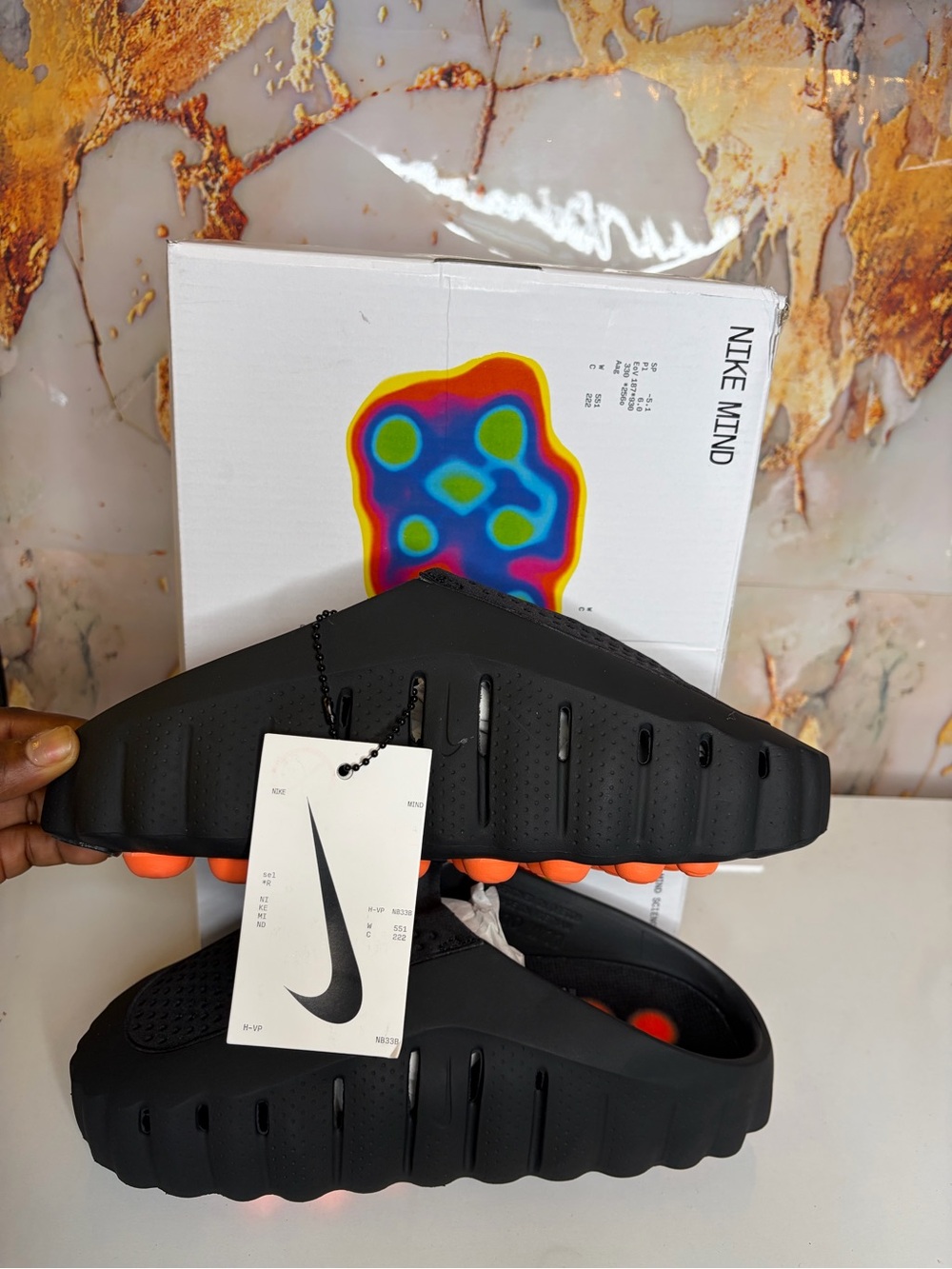 Nike Mind 001 Black Slide Sandals with Bright Orange Sole